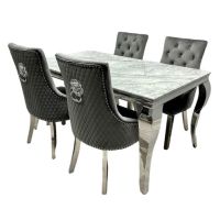 Clara 160cm Grey Marble Dining Table + Hazel Grey Lion Slim Knocker Plush Velvet Chairs