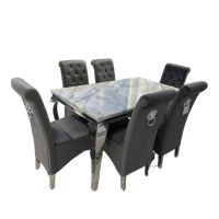 Clara 160cm Grey Marble Dining Table + Roxy Grey Lion Slim Knocker Plush Velvet Chairs