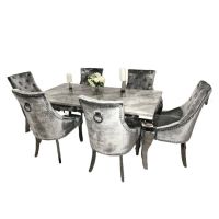 Clara 160cm Grey Marble Dining Table + Isabelle Light Grey Knocker Plush Velvet Chairs